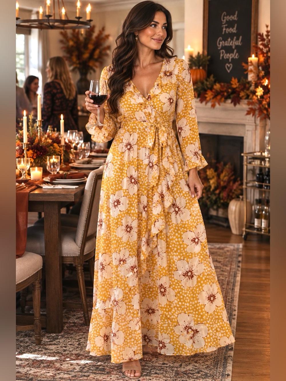 Kate & Lily Size 12 Mustard Floral Maxi Dress Ruffle Wrap Boho Thanksgiving